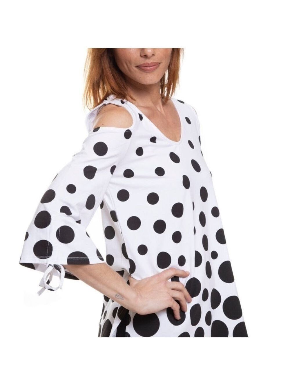 Vecceli Italy Cold Shoulder V-Neck Tunic White Black Dots Size S - Picture 3 of 13